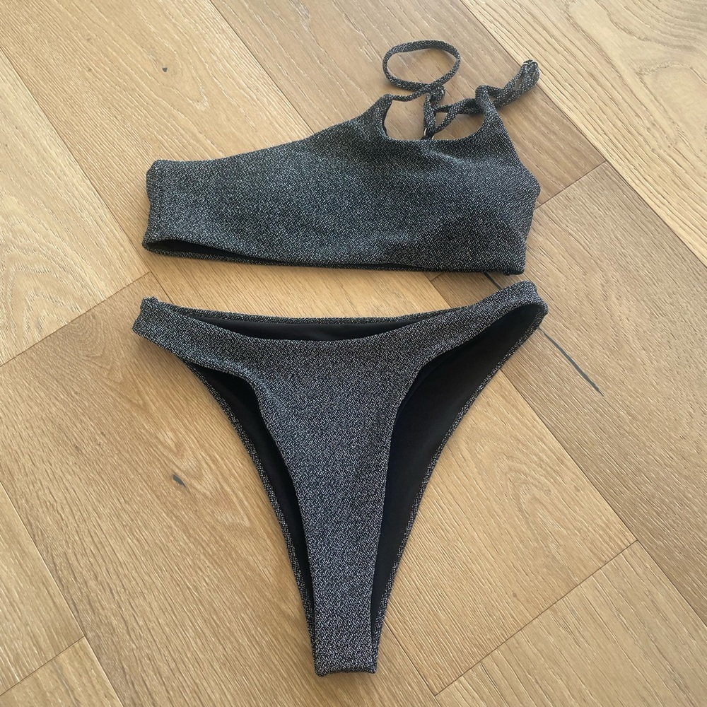 SHEIN Metallic Black Sparkle Asymmetric Bikini Set